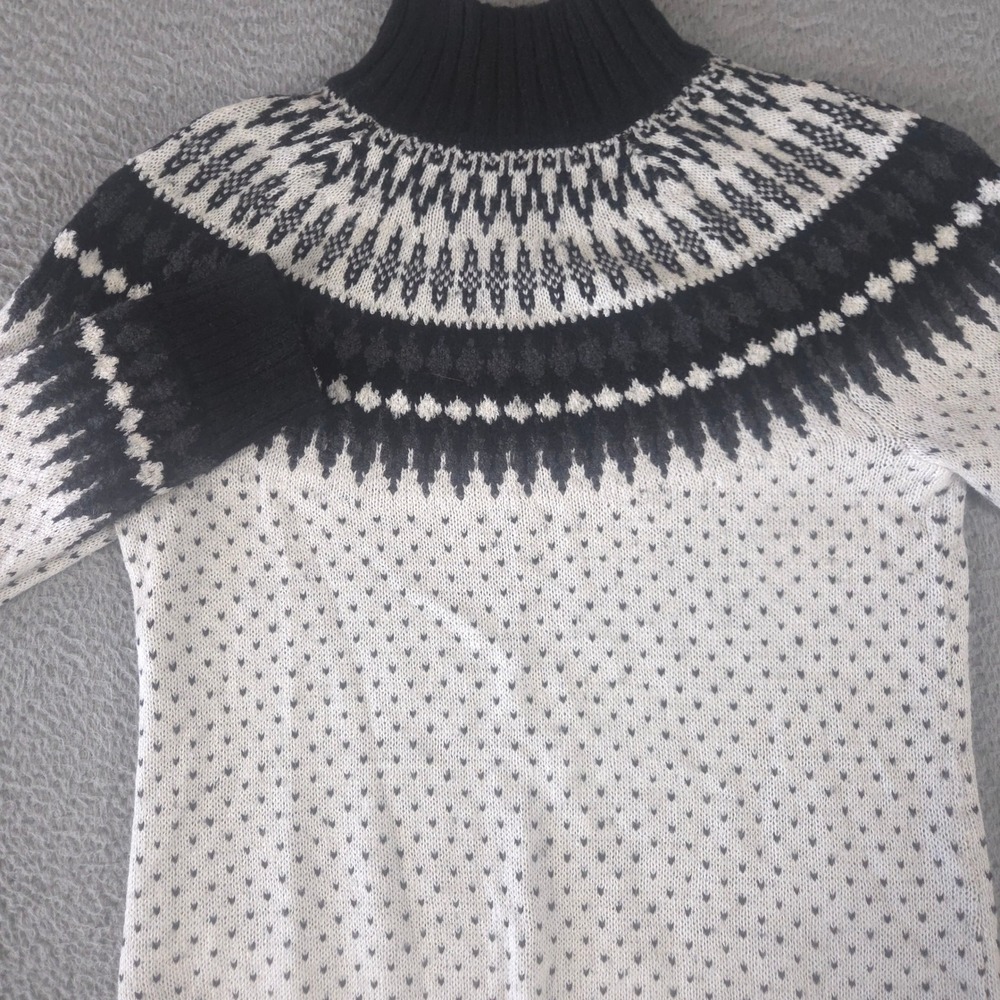 Eddie Bauer Sweater Women S Ivory Black Signature Fair Isle Wool Blend Mock Neck